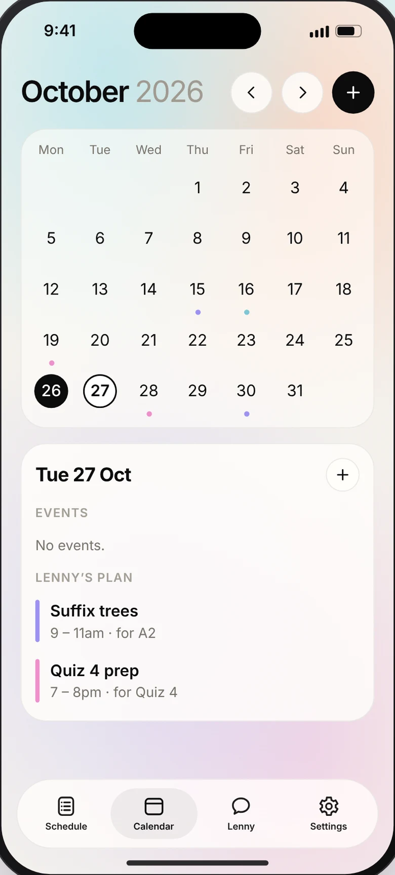 The calendar with events and Lenny’s plan for a day