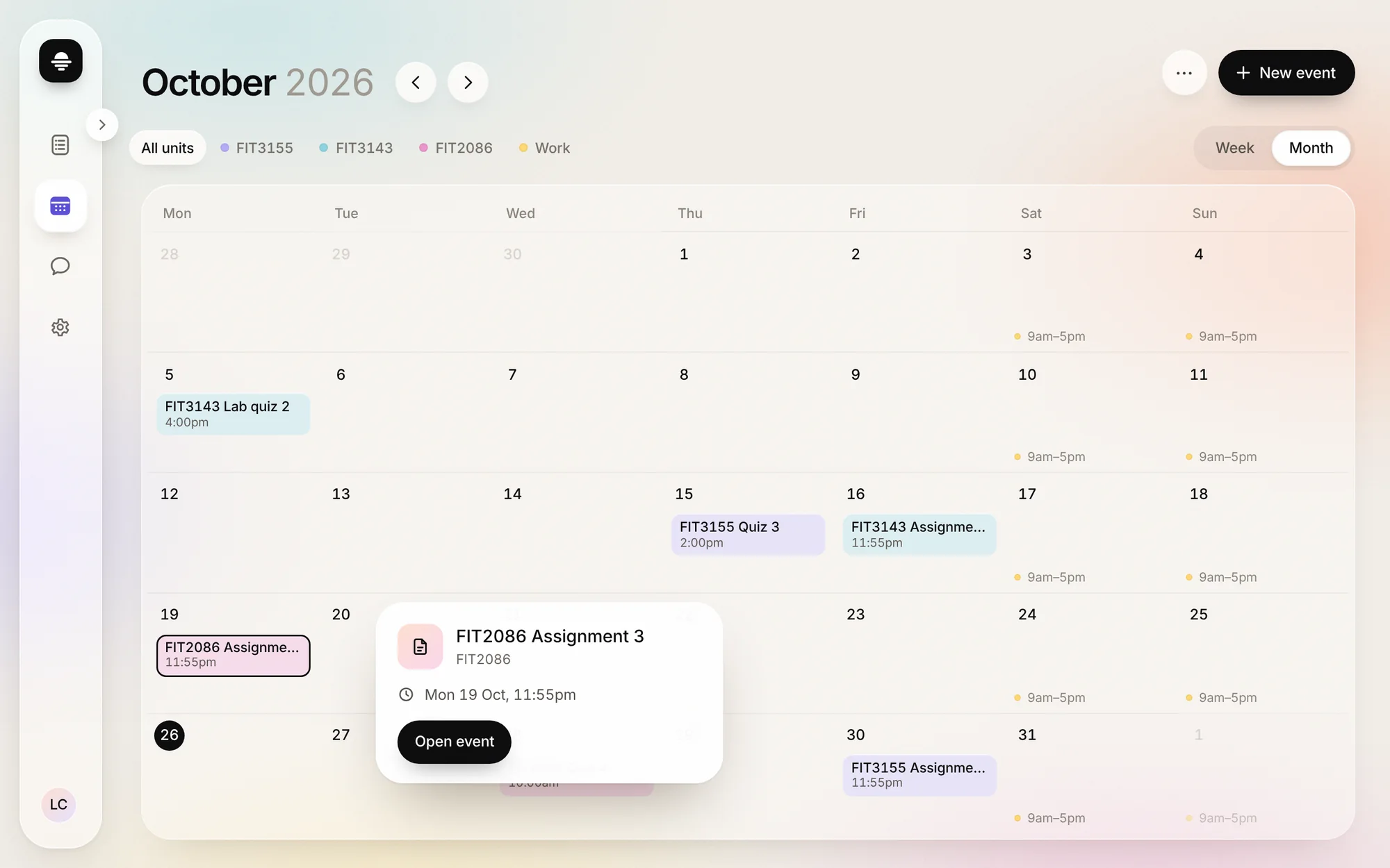 The month calendar with an assignment opened